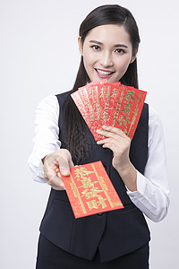中国风企业手拿红包的商务女性人像背景