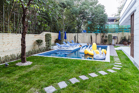 草坪设计素材室外别墅游泳池设计背景