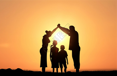 小孩与大人夕阳下家庭剪影设计图片