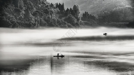 手绘独木舟充满中国风的江南水乡雾气景色背景