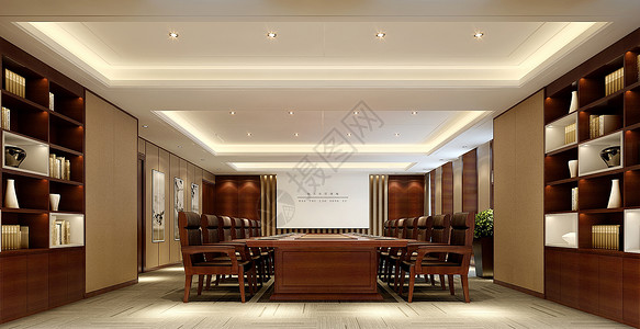 中式商务邀请函会议室室内装修效果图背景