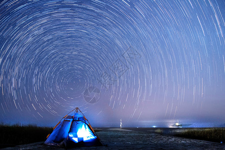 蓝色夜空中的星轨背景图片