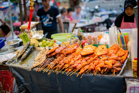 泰国美食烤肉夜市高清图片素材