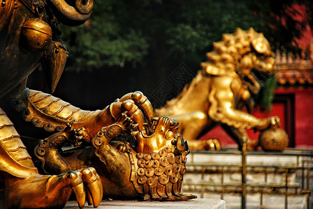 故宫狮子北京故宫紫禁城的铜狮子背景