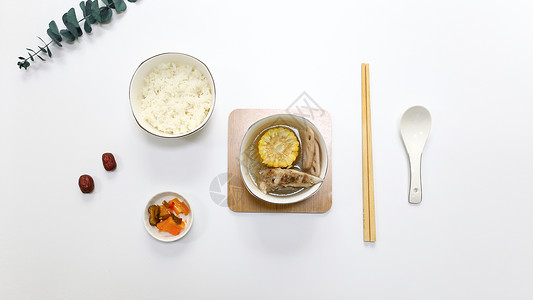 筷子和勺子白底食物静物背景