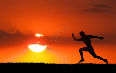夕阳下奔跑剪影跑步者高清图片素材