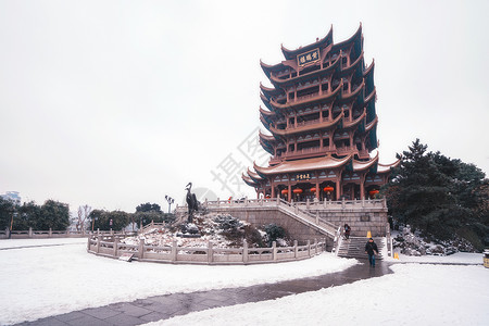 冬季飘雪雪花冬天雪中的武汉黄鹤楼背景