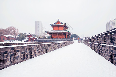 冬季街拍武汉黄鹤楼城墙雪景背景