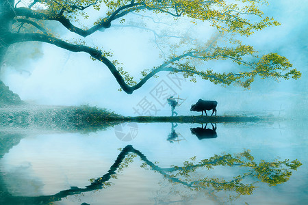 冬季树林插画美丽的江南古镇风光背景