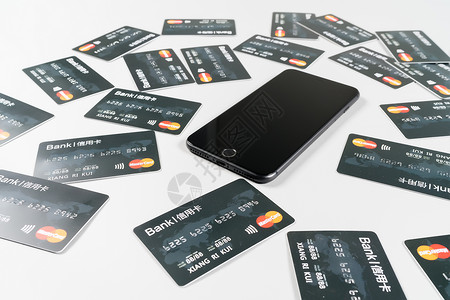 一堆名片手机信用卡摆拍背景