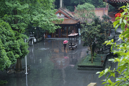 春天春雨寺庙高清图片