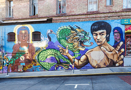 旧金山的唐人街李小龙涂鸦背景图片