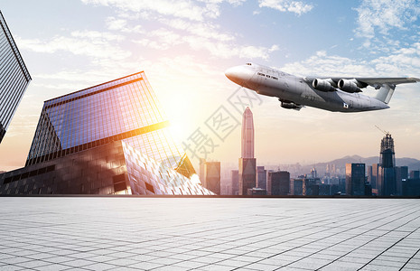 大型客机城市上方的飞机设计图片
