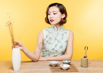 礼仪中国风民国风古典美女演绎茶文化背景