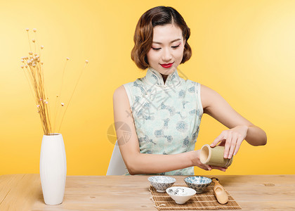 民国风古典美女演绎茶文化背景图片