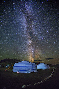 草原晚上璀璨星空银河下的草原蒙古包背景