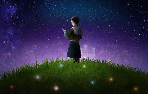 看书晚上夜晚草地中的女孩设计图片