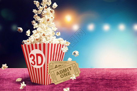 休闲娱乐海报3D电影票与爆米花设计图片