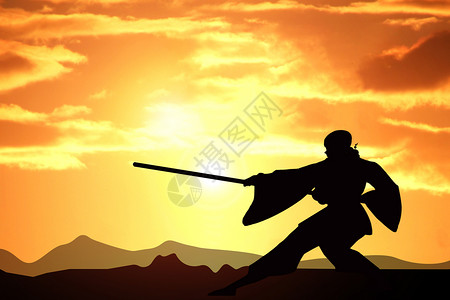 七剑下天山夕阳下的武术剪影设计图片