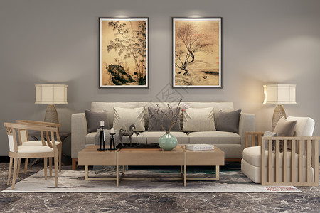 中式客厅沙发新中式客厅空间场景设计设计图片