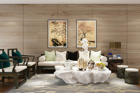 新中式装饰品新中式客厅空间场景设计设计图片
