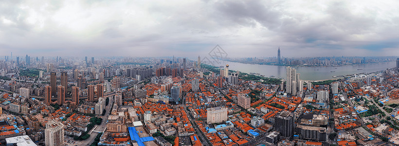 阴天云层登高俯瞰武汉汉口繁华老城区长图背景