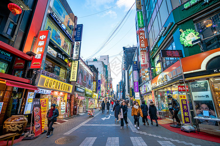 韩国小学生韩国首尔明洞购物街背景