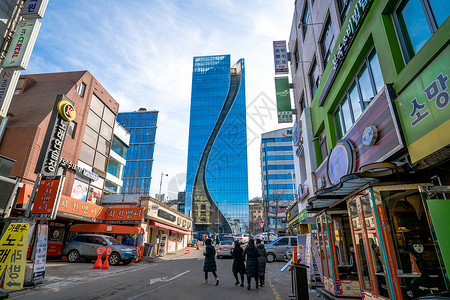 韩国首尔上空韩国首尔江南区街景背景