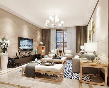 酒店电视机新中式客厅效果图背景