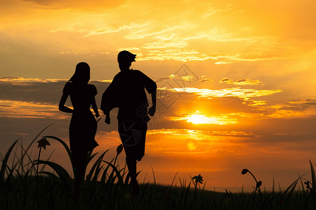 跑步健身的情侣夕阳下的依靠设计图片