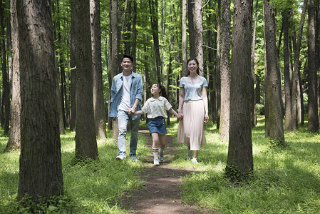 一家人在树林中散步背景图片