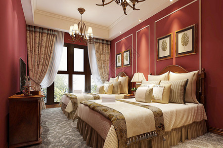 欧式卧室酒店客房效果图图片素材