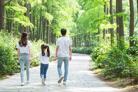 一家人公园牵手散步生活高清图片素材