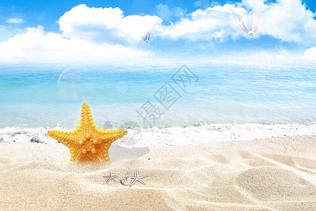 夏日沙滩蓝天白云清新空气背景图片