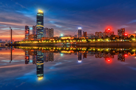 夕阳下武汉汉江边城市夜景江景灯光高清图片素材