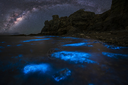 蓝色荧光大连荧光海礁石星空背景