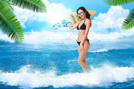 夏日女性海边冲浪设计图片