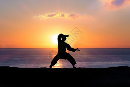 夕阳下功夫人物剪影背景图片