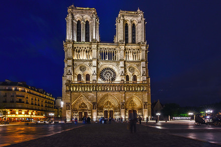 法国哥特式建筑巴黎圣母院夜景背景