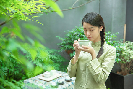 素雅素材品茶女生背景