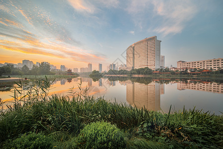 沂蒙生态绿色城市沂水湿地晨光大楼高清图片素材