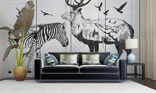 动物壁画现代沙发植物组合设计图片