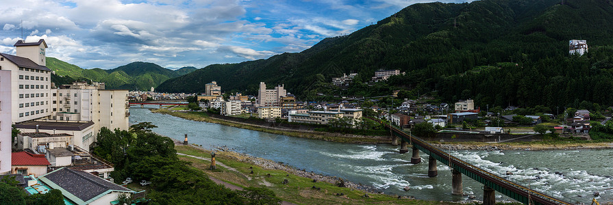 日本下吕市温泉街河流高清图片素材