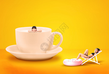 茶杯里小女孩杯子里游泳设计图片