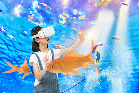 带VR的小女孩VR虚拟体验海底世界设计图片