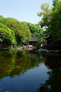 鱼塘钓鱼同里古镇地标景点退思堂背景