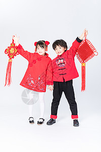 新年儿童手拿中国结拜年背景图片