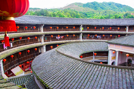 客家服饰福建永定客家土楼背景