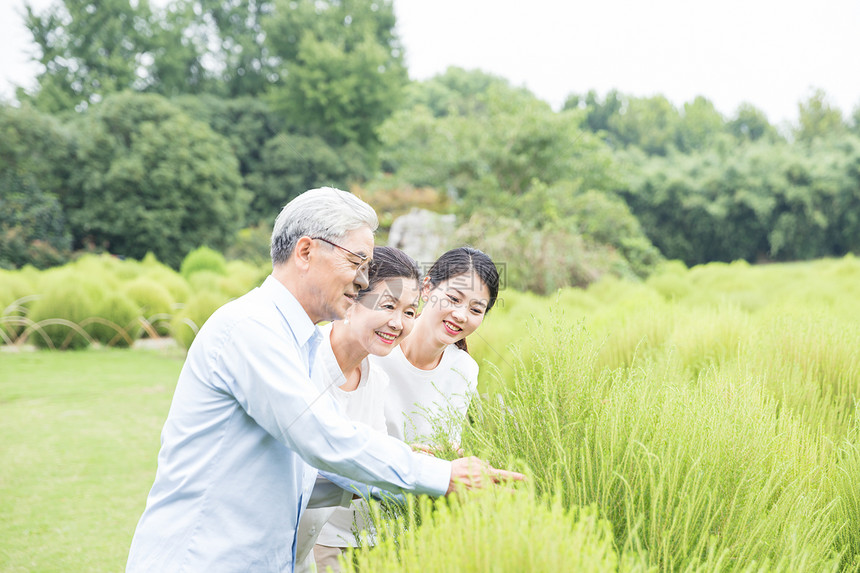 幸福一家人欣赏绿植图片