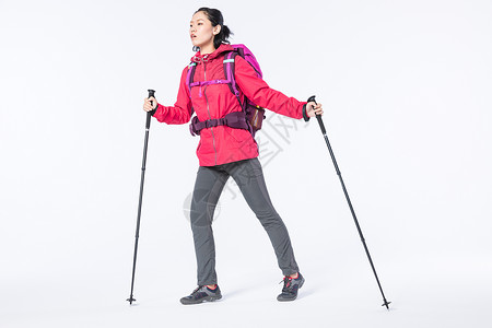 运动女性用登山杖远足图片
